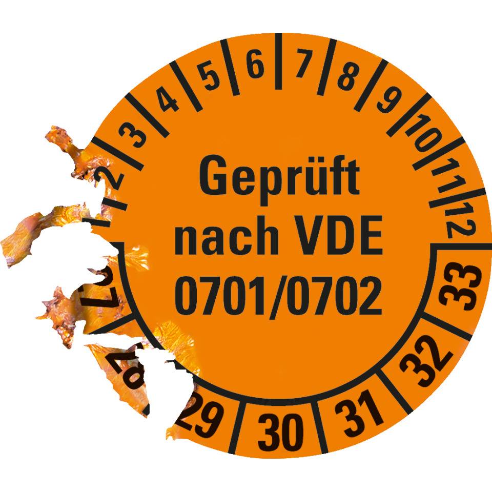 Prüfplakette Geprüft VDE 0701/0702 27-33, orange, Dokumentenfolie, Ø30mm, 18/Bogen
