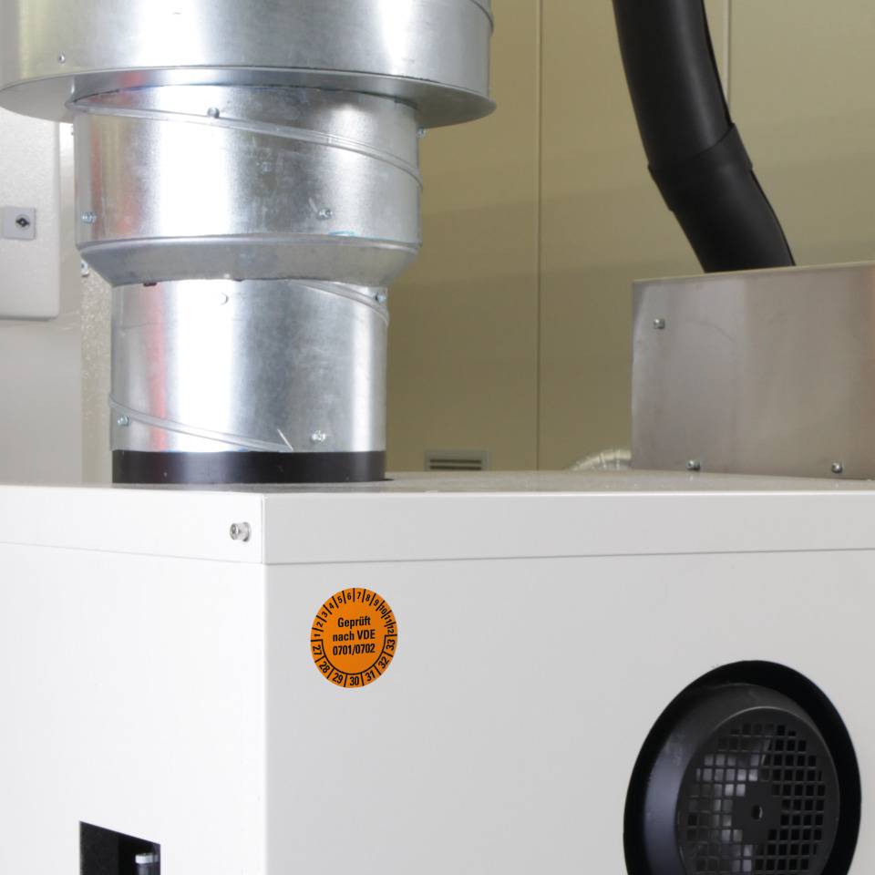 Prüfplakette Geprüft VDE 0701/0702 27-33, orange, Dokumentenfolie, Ø30mm, 18/Bogen