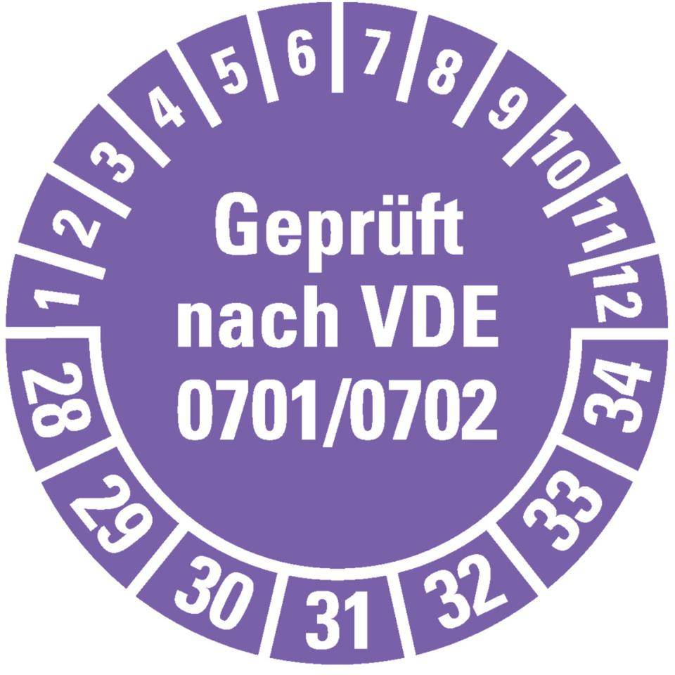 Prüfplakette Geprüft VDE 0701/0702 28-34, violett, Dokumentenfolie, Ø30mm, 18/Bogen
