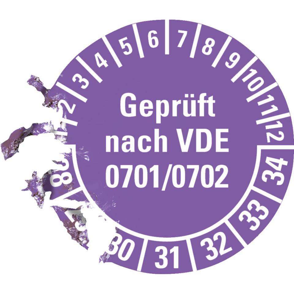 Prüfplakette Geprüft VDE 0701/0702 28-34, violett, Dokumentenfolie, Ø30mm, 18/Bogen