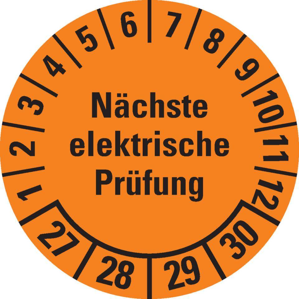 Prüfplakette Nächste elektrische Prüfung 27-30, orange, Dokumentenfolie, Ø30mm, 18/Bogen