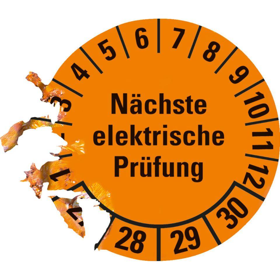 Prüfplakette Nächste elektrische Prüfung 27-30, orange, Dokumentenfolie, Ø30mm, 18/Bogen