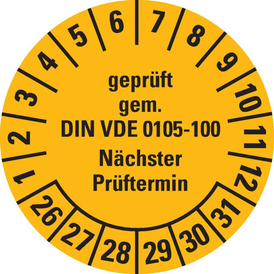 Prüfplakette geprüft gemäß VDE 0105-100, 26-31, gelb, Dokumentenfolie, Ø 30mm, 18/Bogen