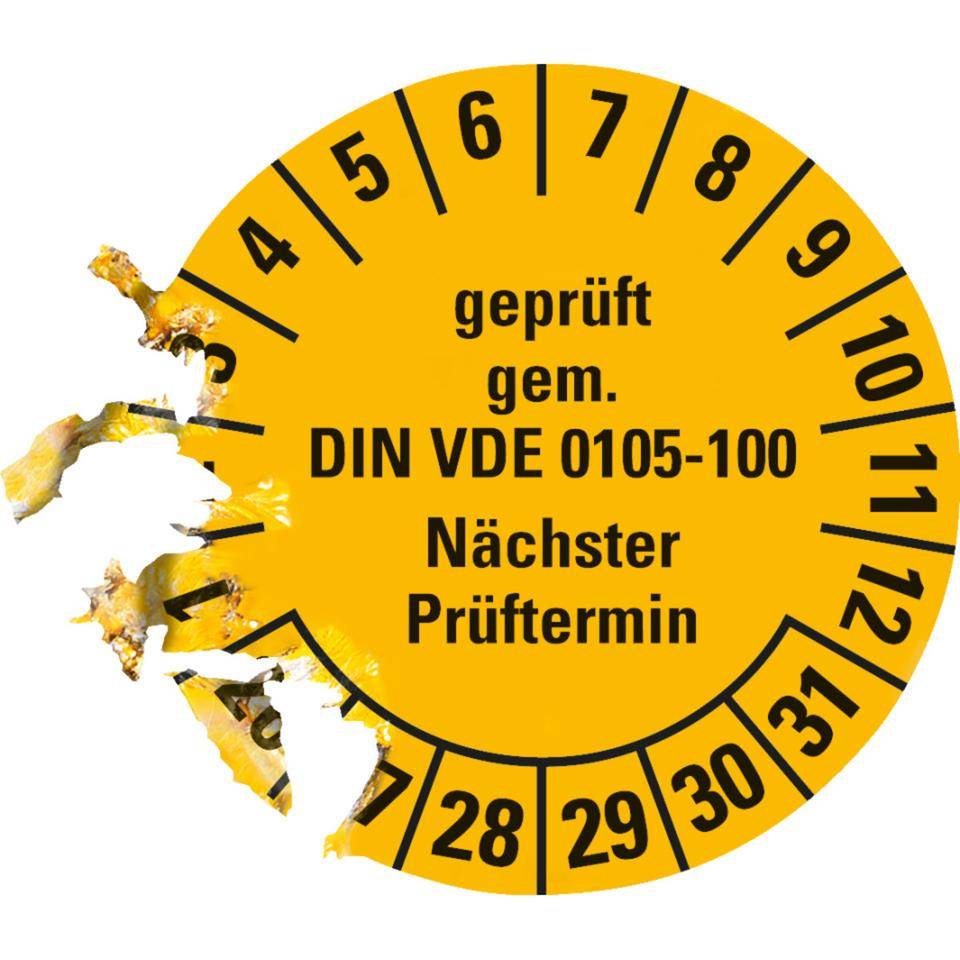 Prüfplakette geprüft gemäß VDE 0105-100, 26-31, gelb, Dokumentenfolie, Ø 30mm, 18/Bogen
