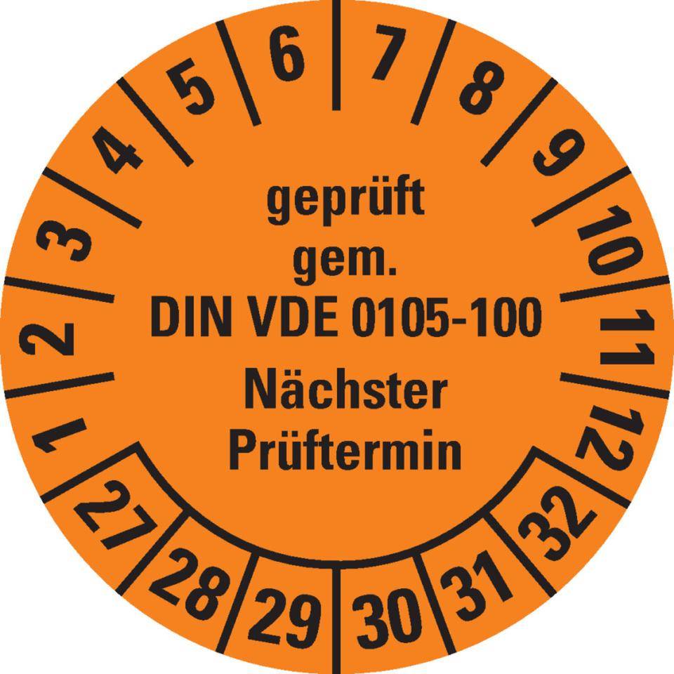 Prüfplakette geprüft gemäß VDE 0105-100, 27-32, orange, Dokumentenfolie, Ø 30mm, 18/Bogen