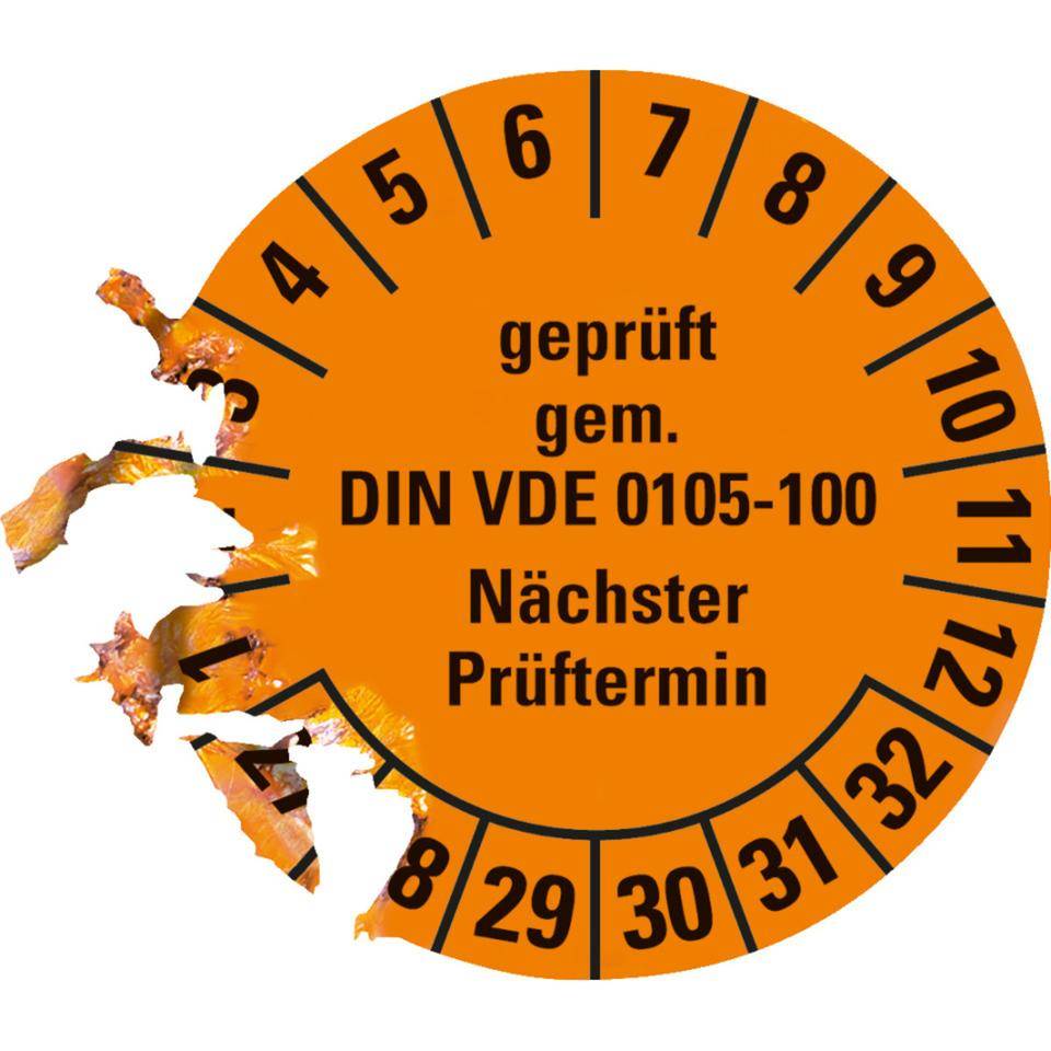 Prüfplakette geprüft gemäß VDE 0105-100, 27-32, orange, Dokumentenfolie, Ø 30mm, 18/Bogen
