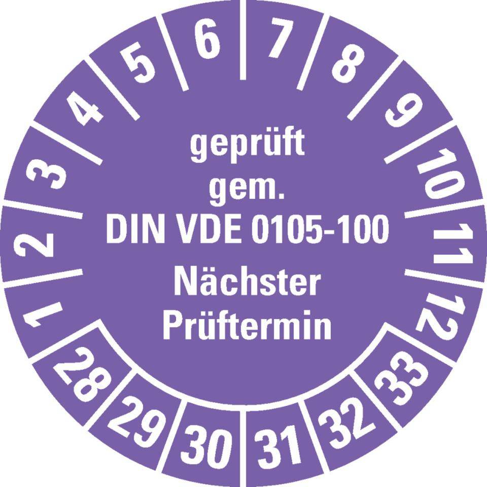 Prüfplakette geprüft gemäß VDE 0105-100, 28-33, violett, Dokumentenfolie, Ø 30mm, 18/Bogen