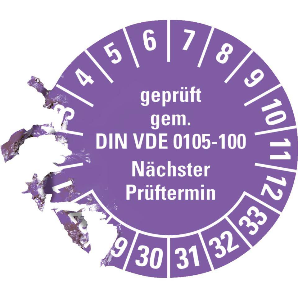 Prüfplakette geprüft gemäß VDE 0105-100, 28-33, violett, Dokumentenfolie, Ø 30mm, 18/Bogen