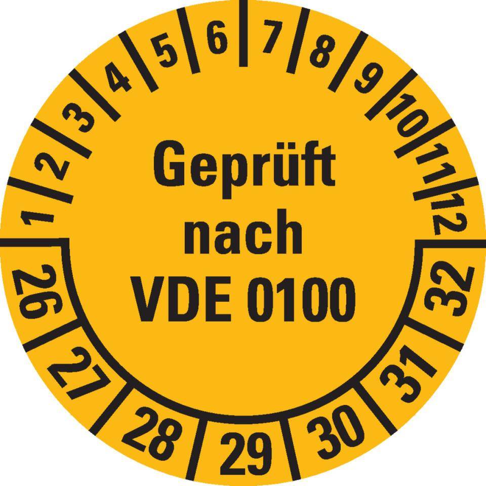Prüfplakette Geprüft nach VDE 0100 26-32, gelb, Dokumentenfolie,Ø30mm, 18/Bogen