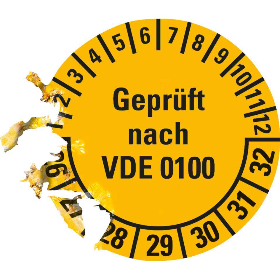 Prüfplakette Geprüft nach VDE 0100 26-32, gelb, Dokumentenfolie,Ø30mm, 18/Bogen