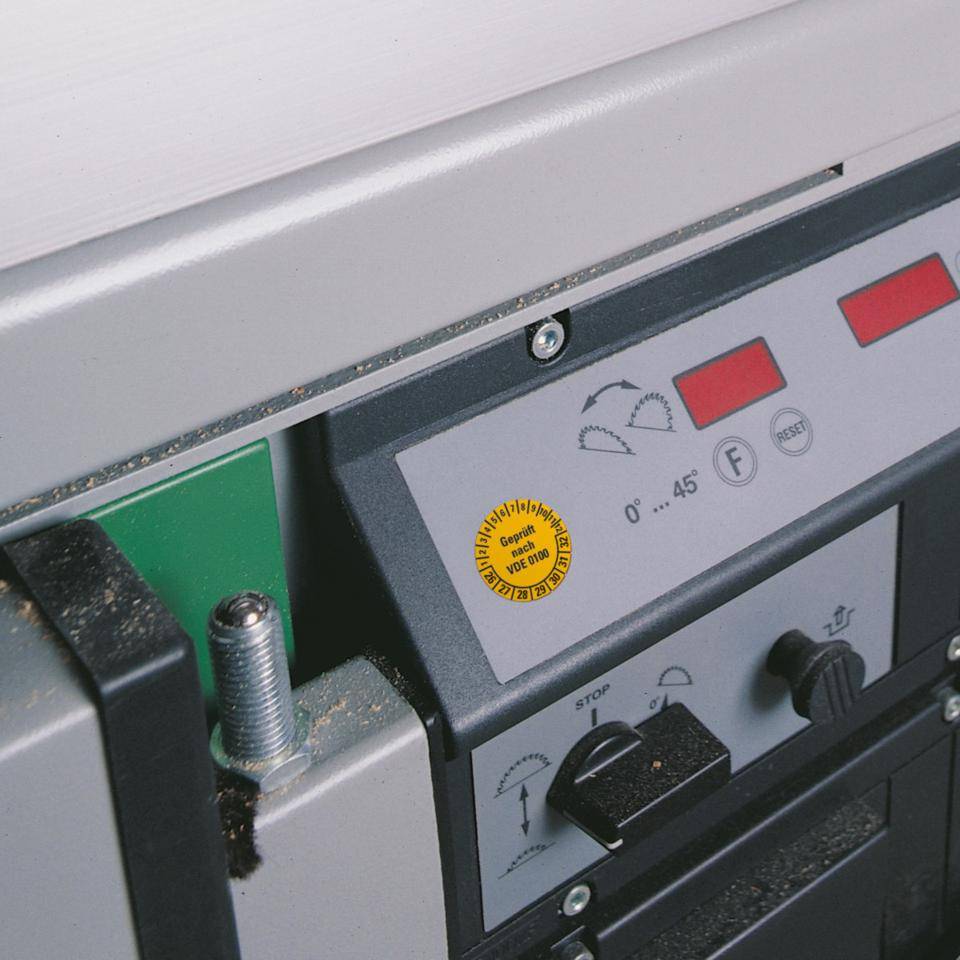 Prüfplakette Geprüft nach VDE 0100 26-32, gelb, Dokumentenfolie,Ø30mm, 18/Bogen