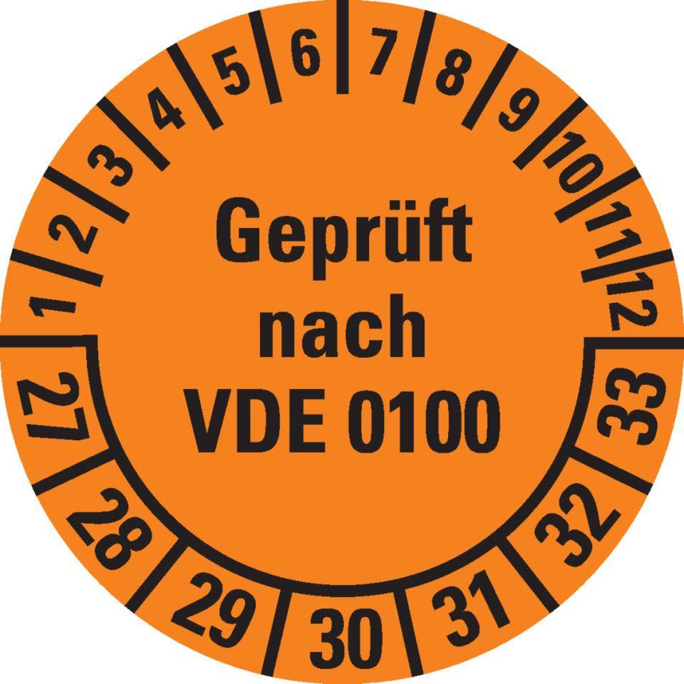 Prüfplakette Geprüft nach VDE 0100 27-33, orange, Dokumentenfolie, Ø30mm, 18/Bogen