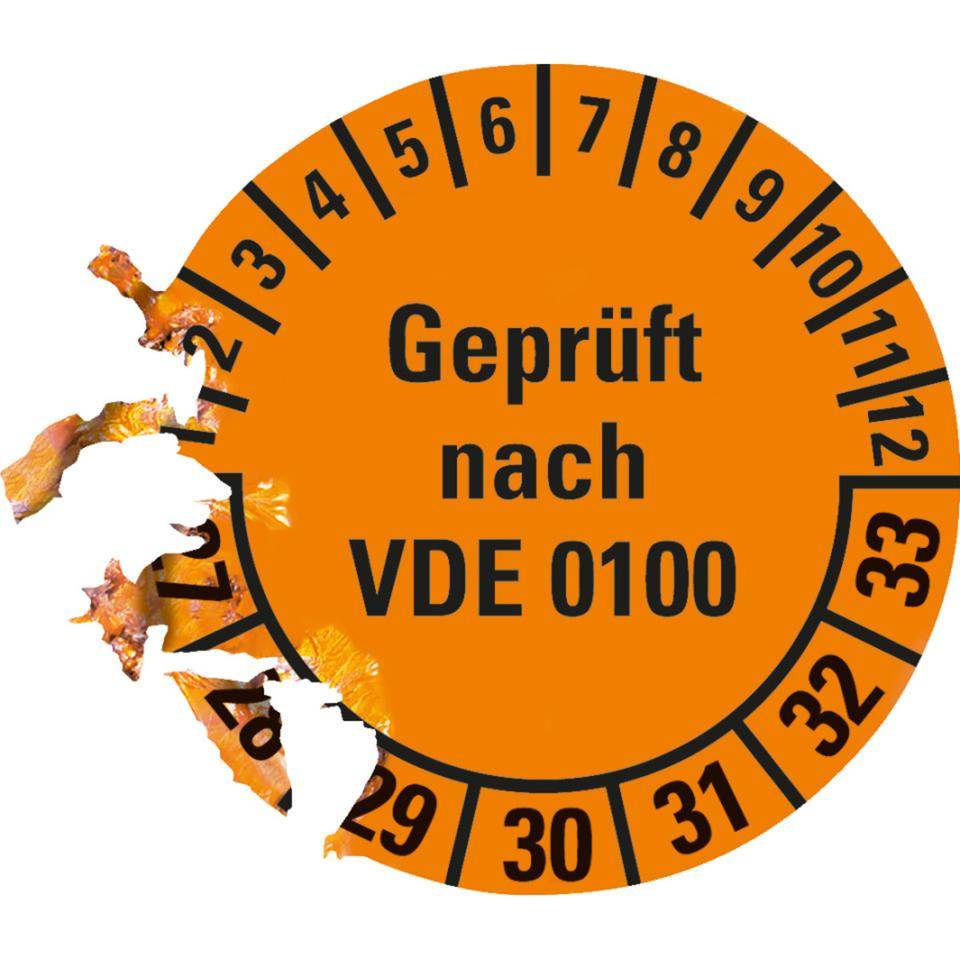 Prüfplakette Geprüft nach VDE 0100 27-33, orange, Dokumentenfolie, Ø30mm, 18/Bogen