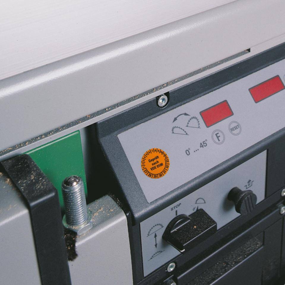 Prüfplakette Geprüft nach VDE 0100 27-33, orange, Dokumentenfolie, Ø30mm, 18/Bogen