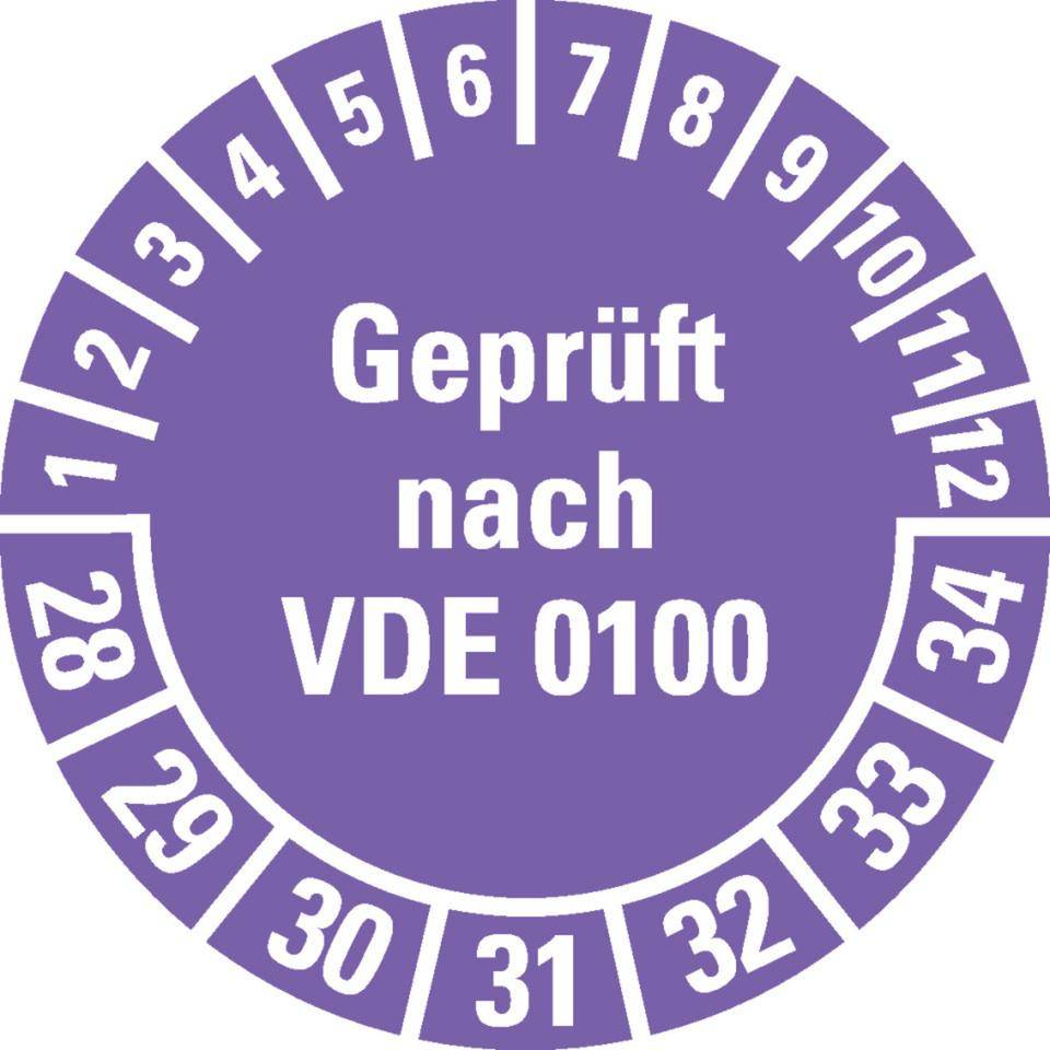 Prüfplakette Geprüft nach VDE 0100 28-34, violett, Dokumentenfolie, Ø30mm, 18/Bogen