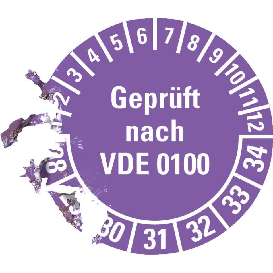 Prüfplakette Geprüft nach VDE 0100 28-34, violett, Dokumentenfolie, Ø30mm, 18/Bogen
