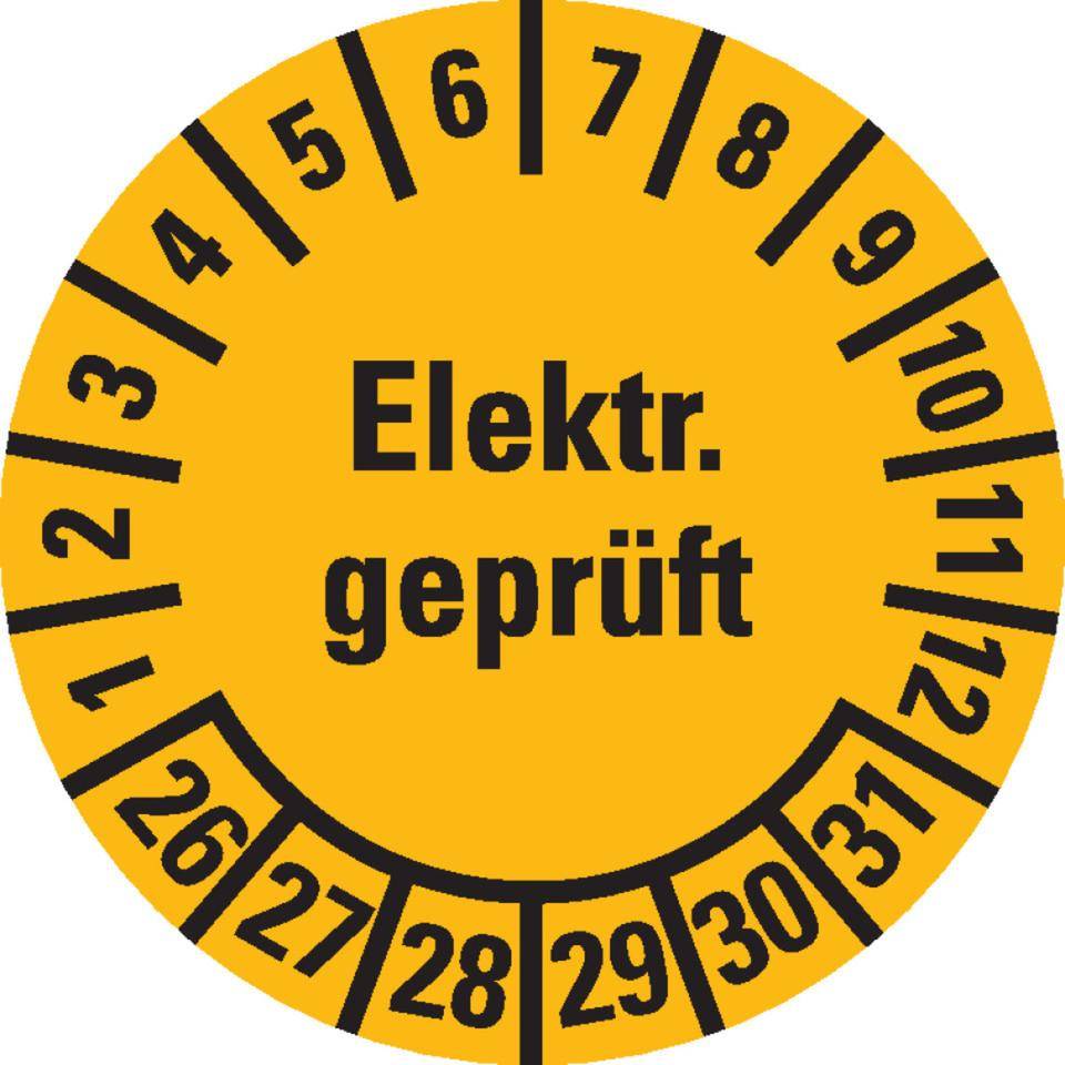 Prüfplakette Elektronisch geprüft 26-31, gelb, Dokumentenfolie, selbstklebend, Ø 20mm, 36/Bogen