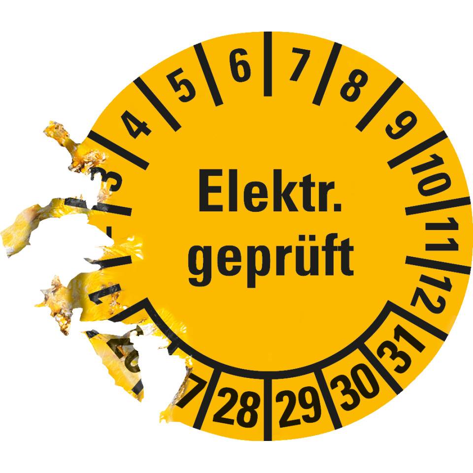 Prüfplakette Elektronisch geprüft 26-31, gelb, Dokumentenfolie, selbstklebend, Ø 20mm, 36/Bogen