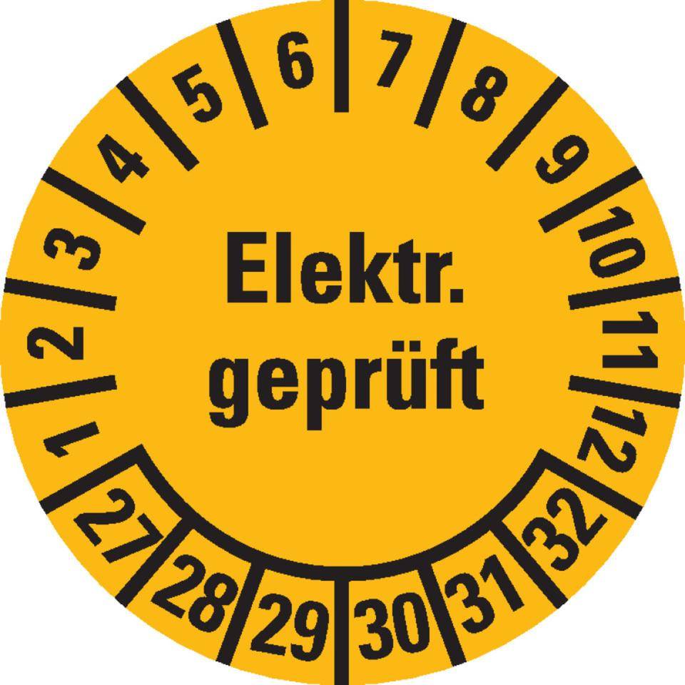 Prüfplakette Elektisch geprüft 27-32, gelb, Dokumentenfolie, selbstklebend, Ø 20mm, 36/Bogen