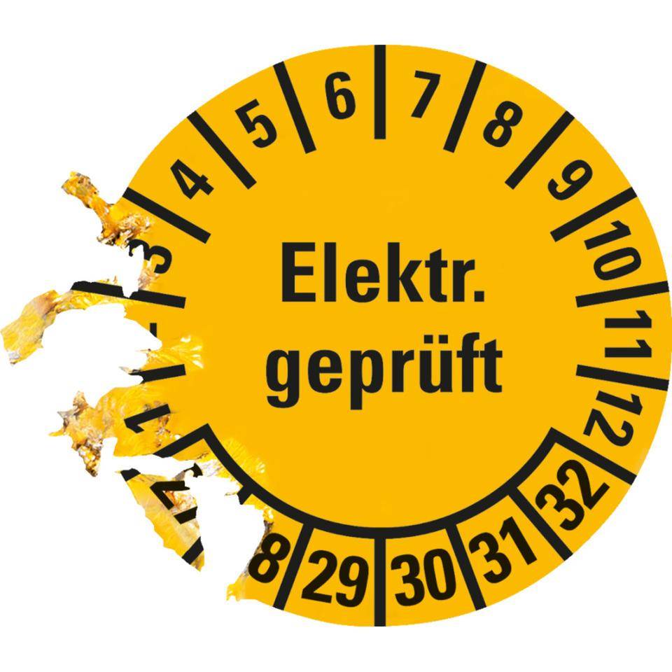 Prüfplakette Elektisch geprüft 27-32, gelb, Dokumentenfolie, selbstklebend, Ø 20mm, 36/Bogen