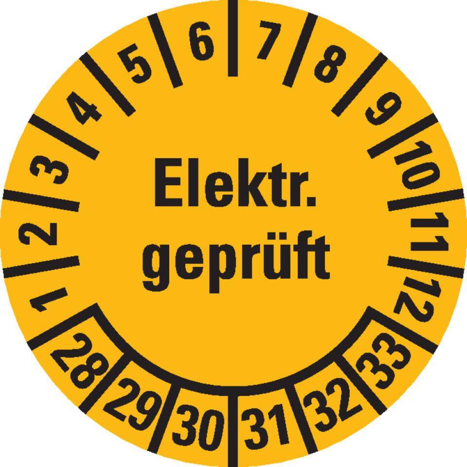 Prüfplakette Elektrisch geprüft 28-33, gelb, Dokumentenfolie, selbstklebend, Ø 20mm, 36/Bogen
