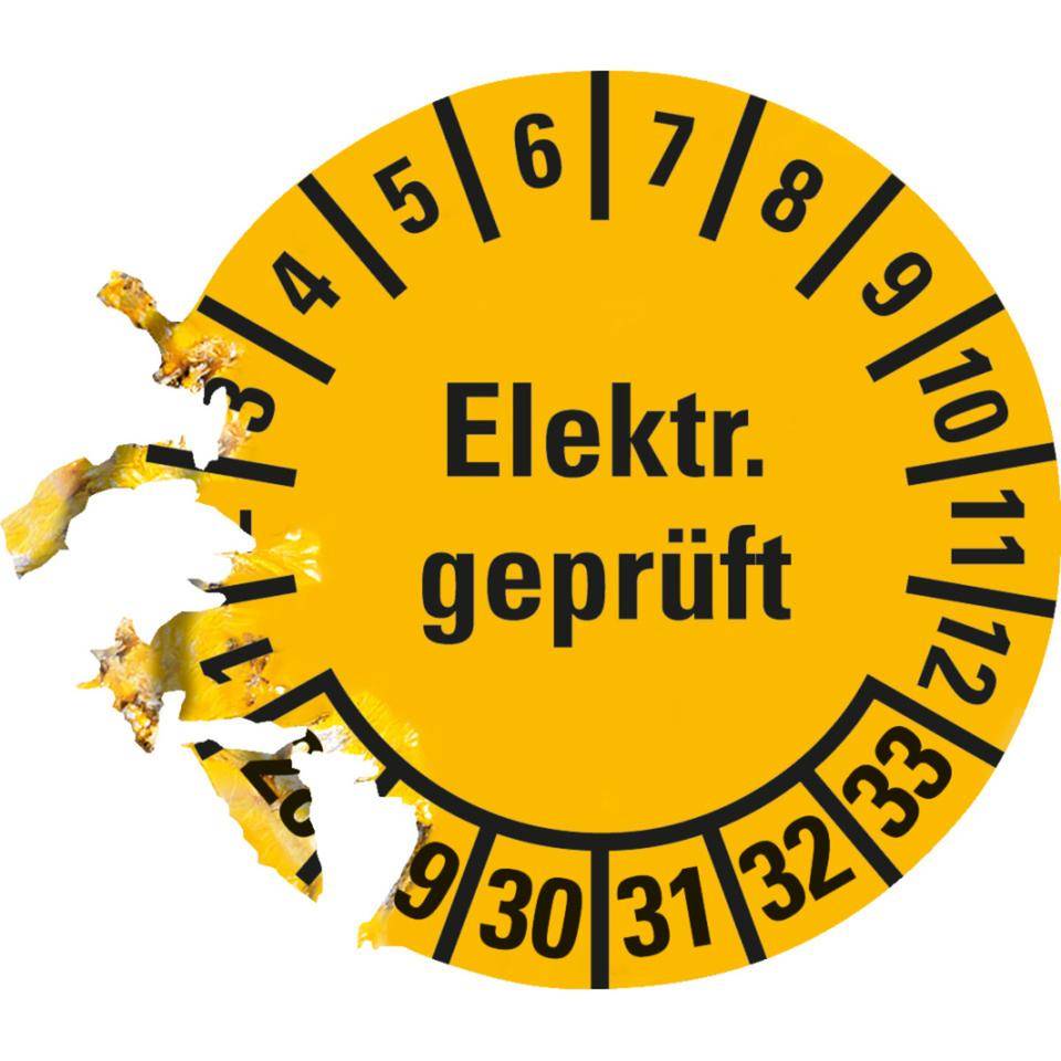 Prüfplakette Elektrisch geprüft 28-33, gelb, Dokumentenfolie, selbstklebend, Ø 20mm, 36/Bogen
