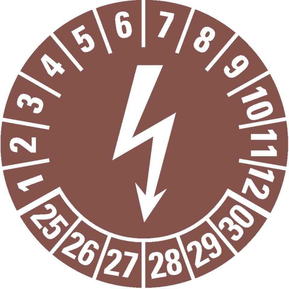 Prüfplakette Blitzpfeil 25-30, braun, Dokumentenfolie, selbstklebend, Ø 25mm, 21/Bogen
