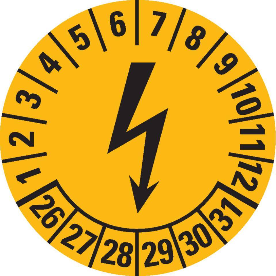 Prüfplakette Blitzpfeil 26-31, gelb, Dokumentenfolie, selbstklebend, Ø 25mm, 21/Bogen
