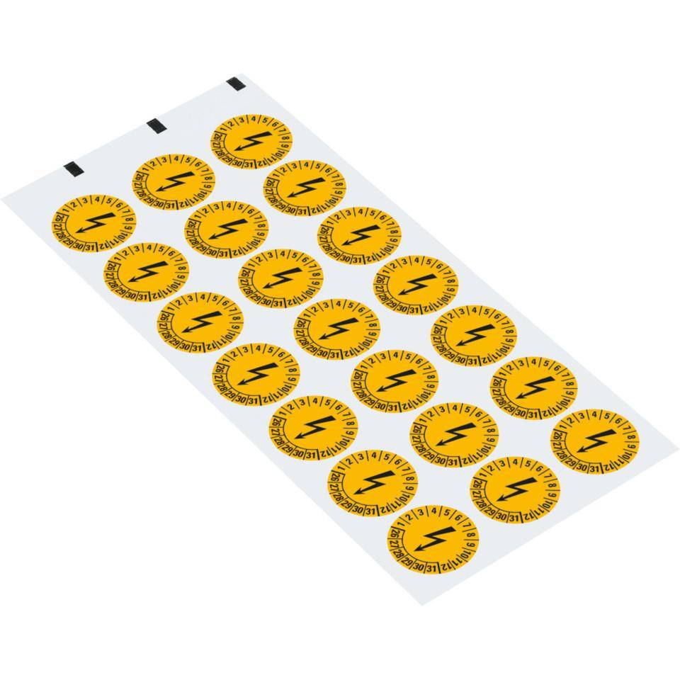 Prüfplakette Blitzpfeil 26-31, gelb, Dokumentenfolie, selbstklebend, Ø 25mm, 21/Bogen
