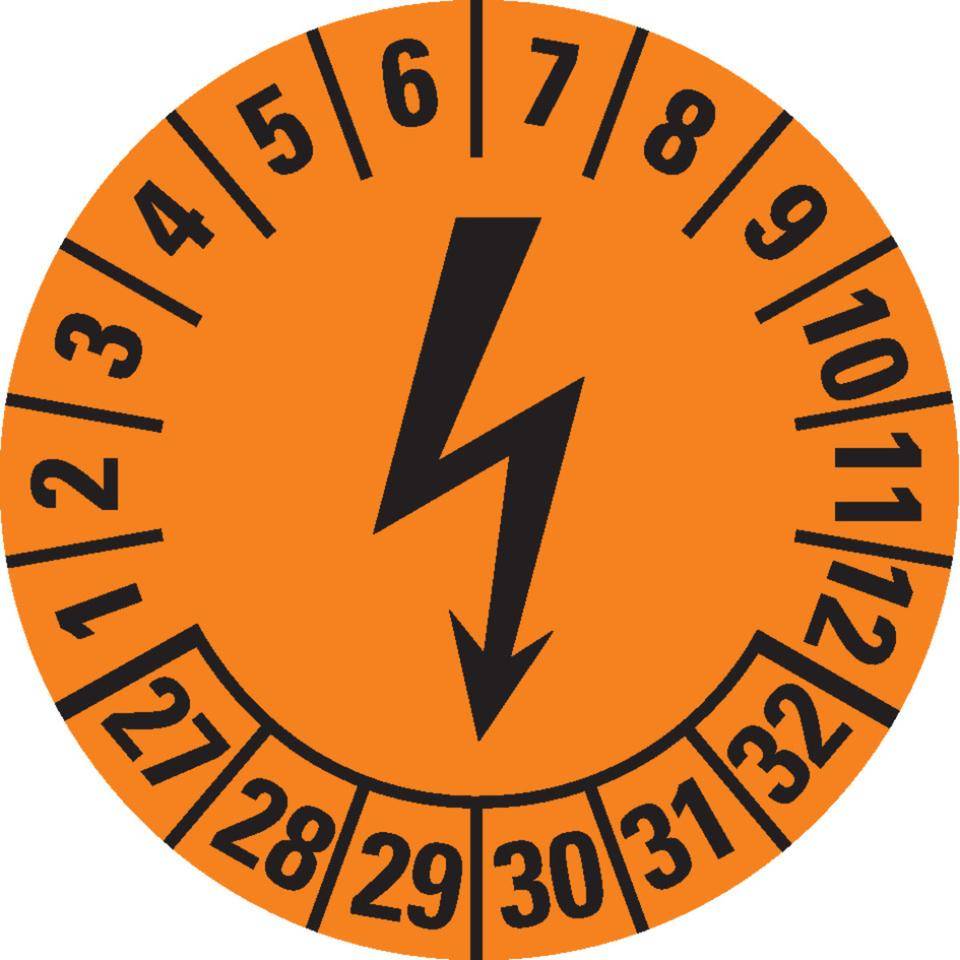 Prüfplakette Blitzpfeil 27-32, orange, Dokumentenfolie, selbstklebend, Ø 25mm, 21/Bogen