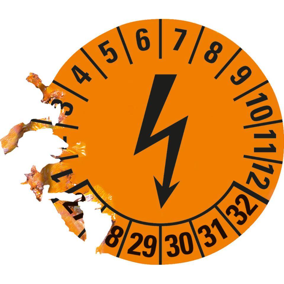 Prüfplakette Blitzpfeil 27-32, orange, Dokumentenfolie, selbstklebend, Ø 25mm, 21/Bogen