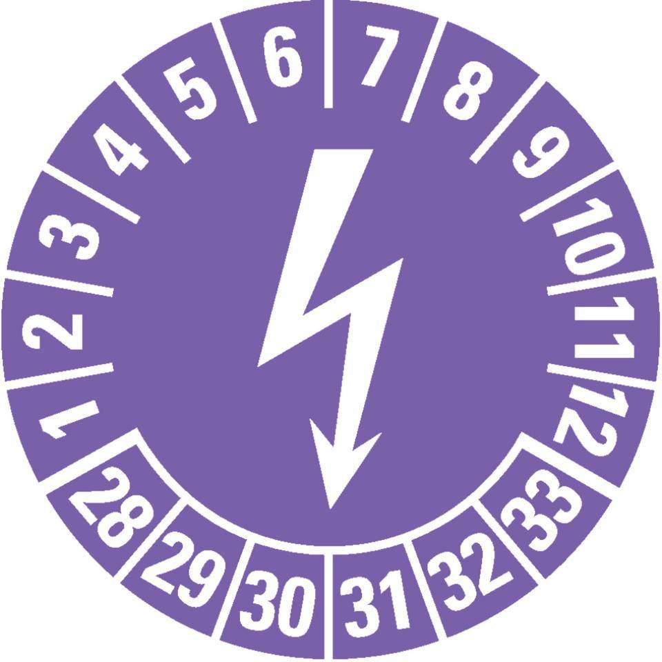 Prüfplakette Blitzpfeil 28-33, violett, Dokumentenfolie, selbstklebend, Ø 25mm, 21/Bogen
