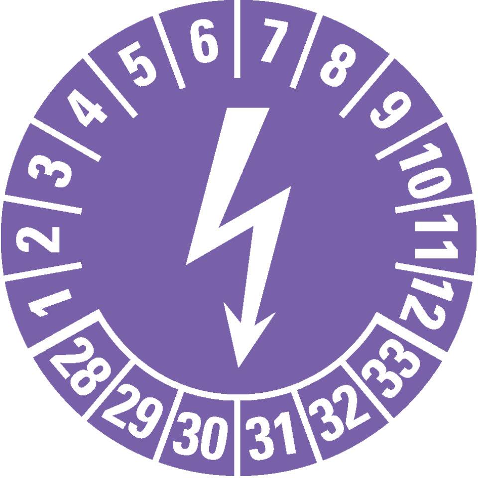 Prüfplakette Blitzpfeil 28-33, violett, Dokumentenfolie, selbstklebend, Ø 25mm, 21/Bogen