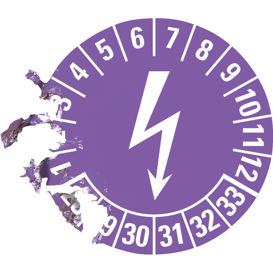 Prüfplakette Blitzpfeil 28-33, violett, Dokumentenfolie, selbstklebend, Ø 25mm, 21/Bogen