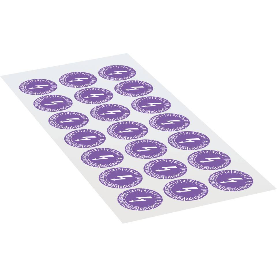 Prüfplakette Blitzpfeil 28-33, violett, Dokumentenfolie, selbstklebend, Ø 25mm, 21/Bogen