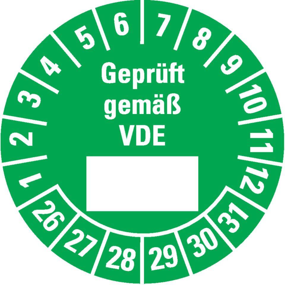 Prüfplakette Geprüft gemäß VDE 26-31, grün, Dokumentenfolie, Ø 25mm, 21/Bogen
