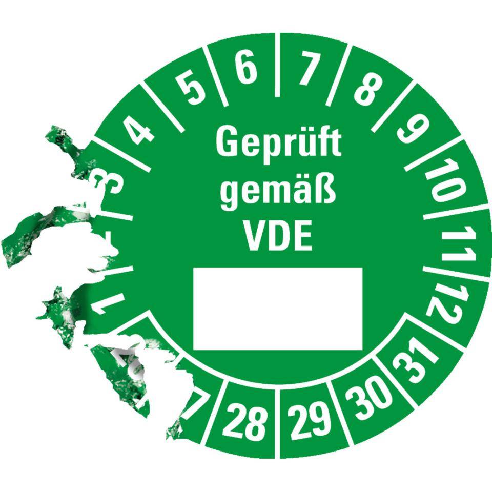 Prüfplakette Geprüft gemäß VDE 26-31, grün, Dokumentenfolie, Ø 25mm, 21/Bogen