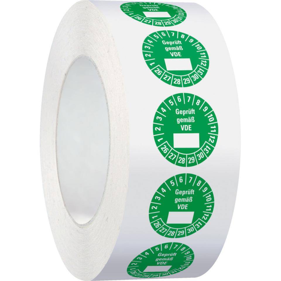Prüfplakette Geprüft gemäß VDE 26-31, grün, Dokumentenfolie, Ø 25mm, 500/Rolle
