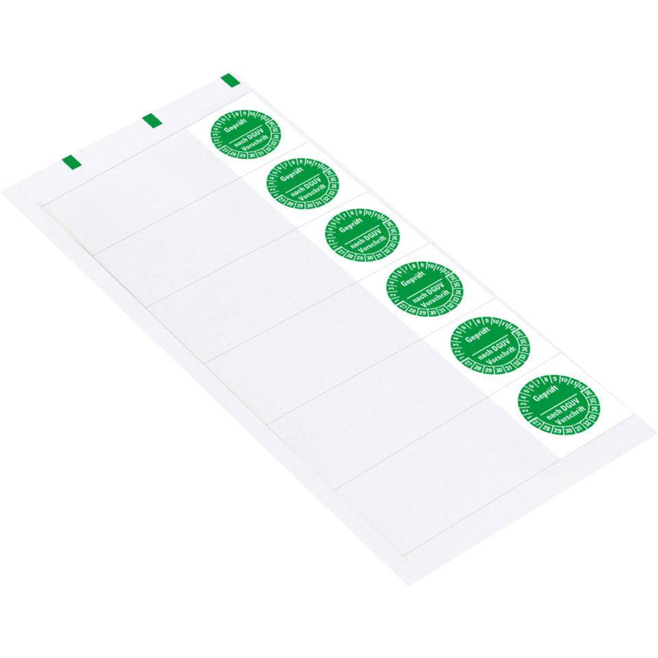 Kabelprüfplakette Geprüft DGUV Vor. 27-36, grün, Folie, selbstklebend, 57x25mm, 6/Bogen