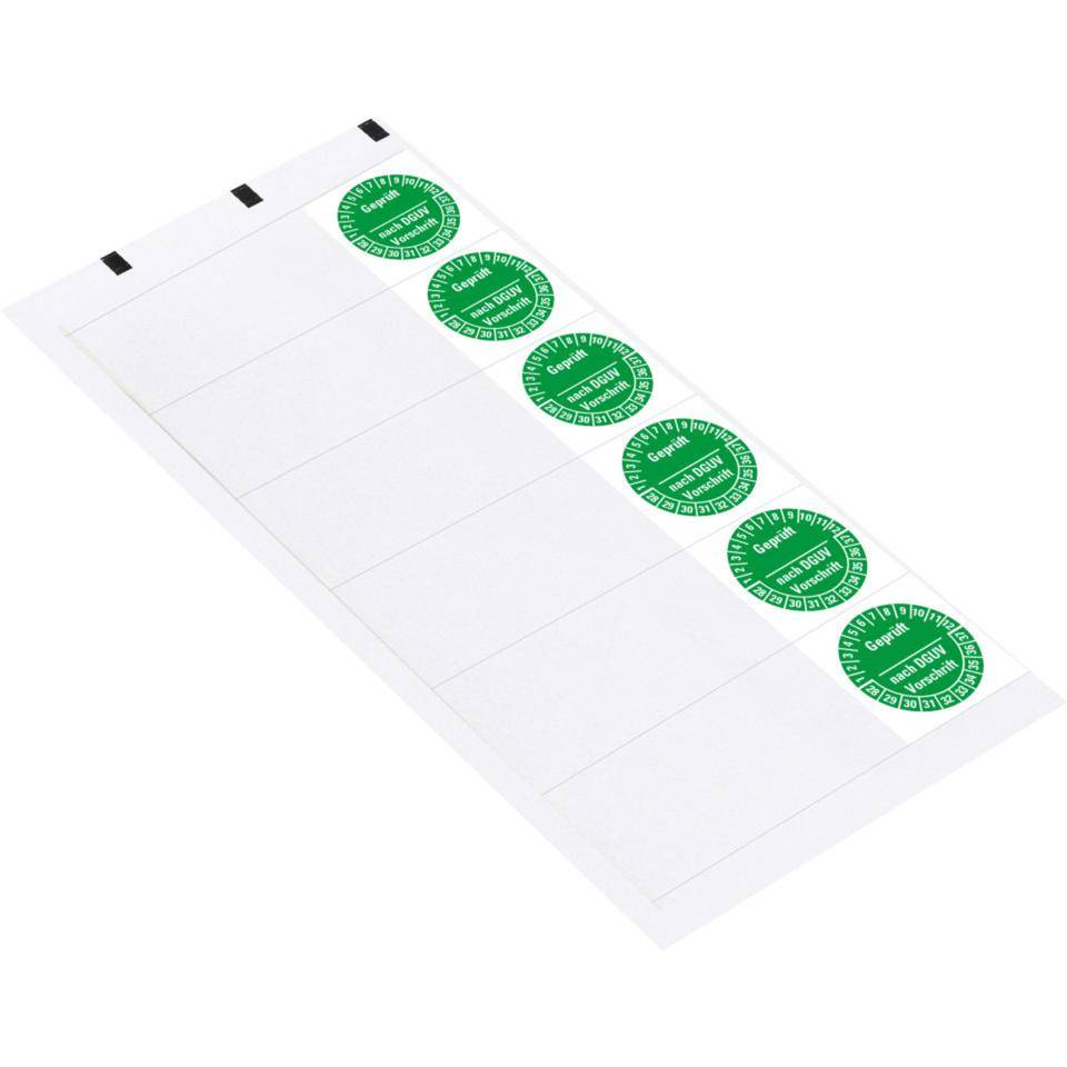 Kabelprüfplakette Geprüft DGUV Vorschrift 28-37, grün, Folie, selbstklebend, 57x25mm, 6/Bogen