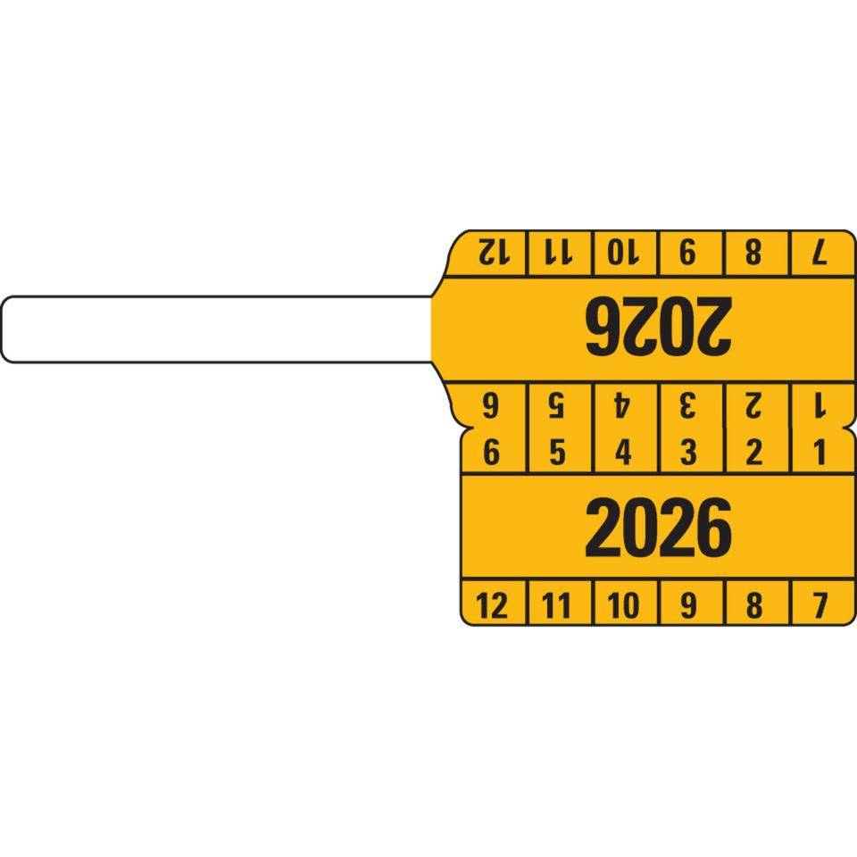 Kabelprüfplakette 2026, gelb, Folie, selbstklebend, 65x30mm, 10/Bogen