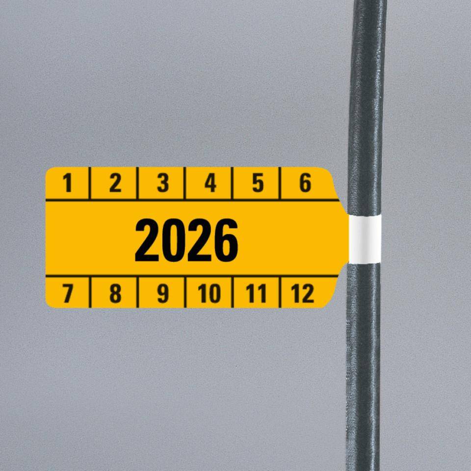 Kabelprüfplakette 2026, gelb, Folie, selbstklebend, 65x30mm, 10/Bogen