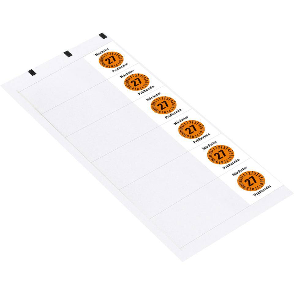 Kabelprüfplakette Nächster Prüftermin 27, orange, Folie, selbstklebend, 57x25mm, 6/Bogen