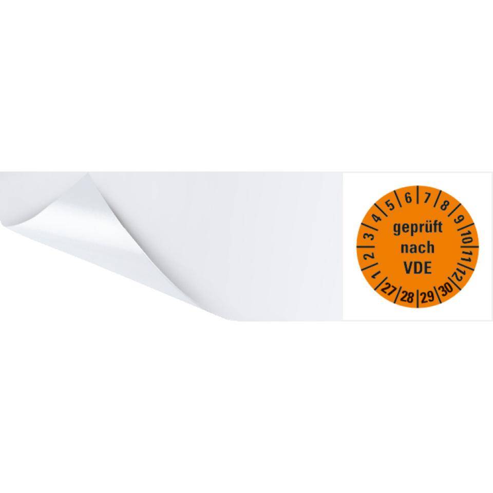 Kabelprüfplakette geprüft nach VDE 27-30, orange, Folie, selbstklebend, 57x25mm, 6/BOG