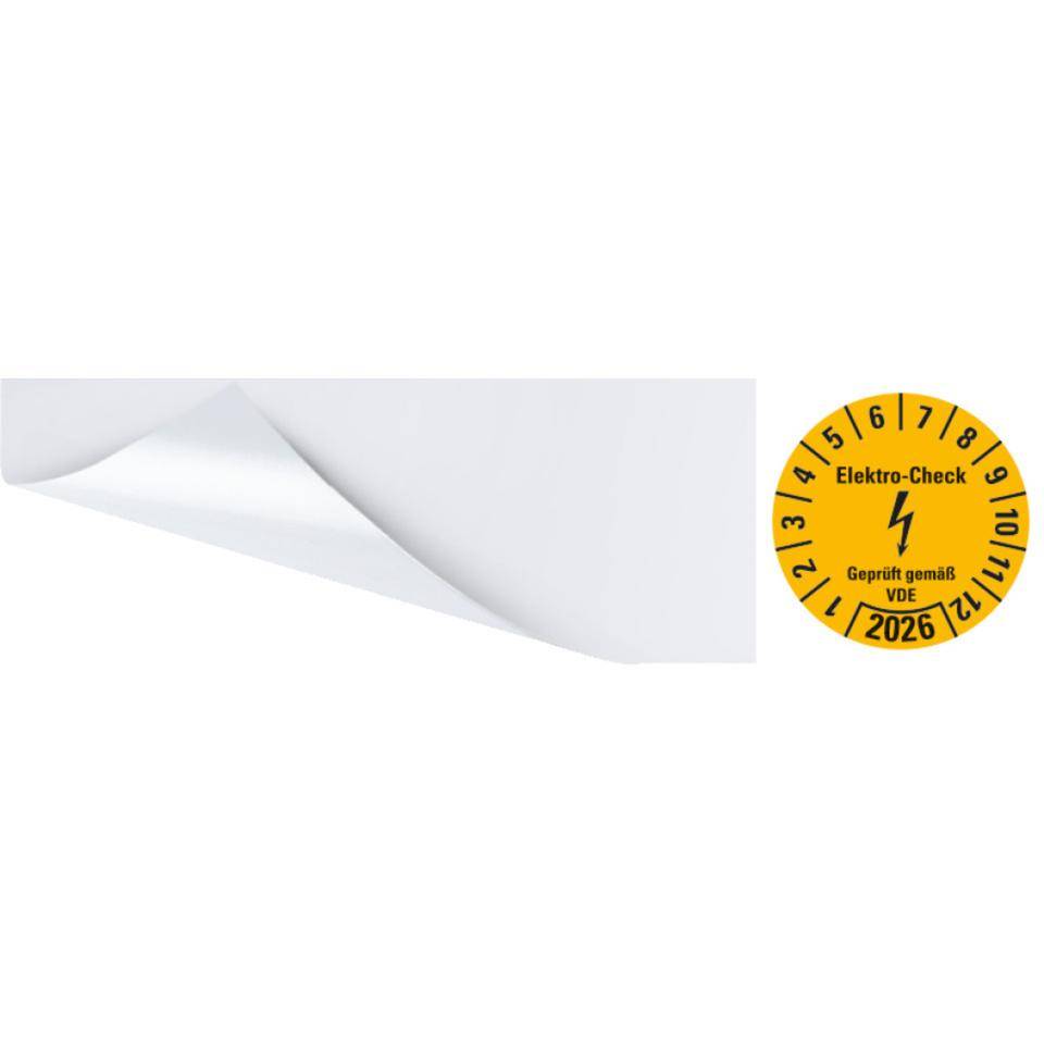 Kabelprüfplakette Elektro-Check geprüft gemäß VDE 2026, gelb, Folie, 57x25mm, 6/Bogen