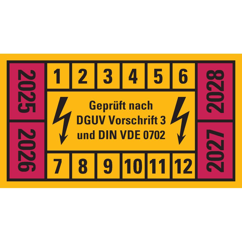 Prüfplakette n.DGUV 3 25-28, gelb/rot, Dokumentenfolie, selbstklebend, 45x25mm, 12/Bogen