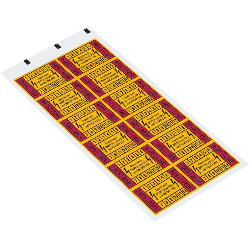 Prüfplakette n.DGUV 3 25-28, gelb/rot, Dokumentenfolie, selbstklebend, 45x25mm, 12/Bogen