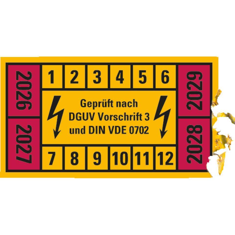 Prüfplakette n.DGUV 3 26-29, gelb/rot, Dokumentenfolie, selbstklebend, 45x25mm, 12/Bogen