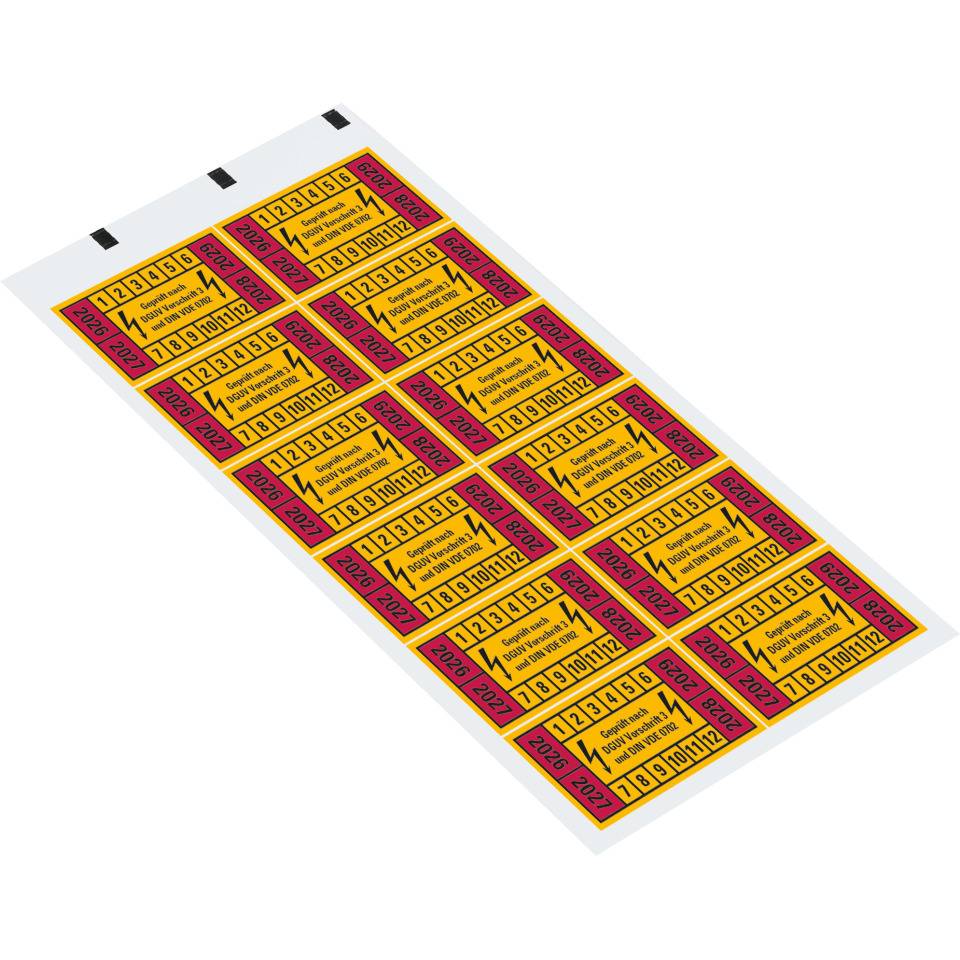 Prüfplakette n.DGUV 3 26-29, gelb/rot, Dokumentenfolie, selbstklebend, 45x25mm, 12/Bogen