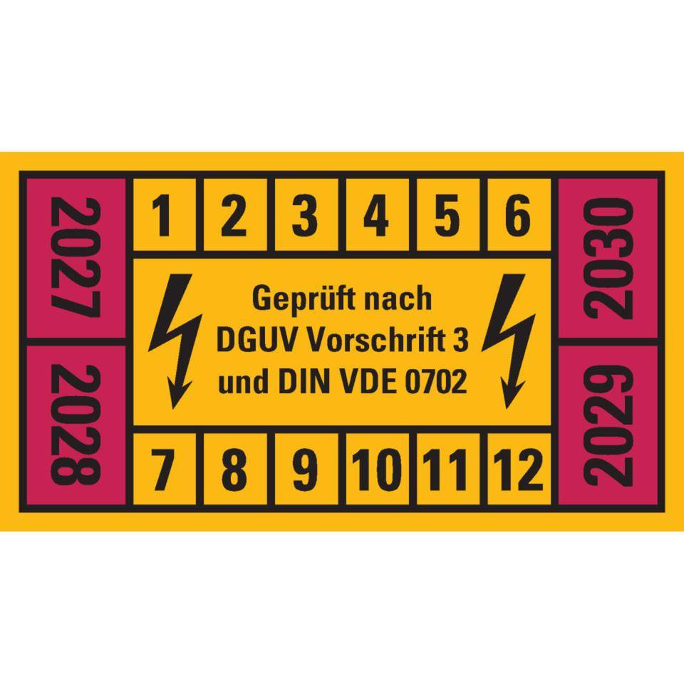 Prüfplakette n.DGUV 3 27-30, gelb/rot, Dokumentenfolie, selbstklebend, 45x25mm, 12/Bogen